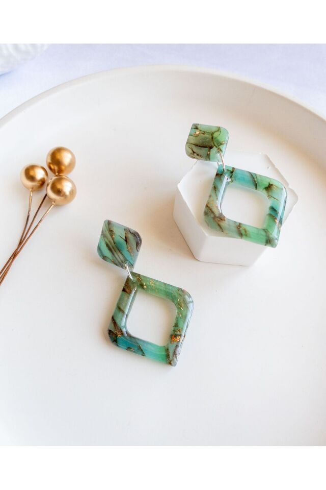 BeuBella Turkuaz Geometrik Küpe – Reçine Kaplama Transparan Polimer Kil – Çelik Antialerjik