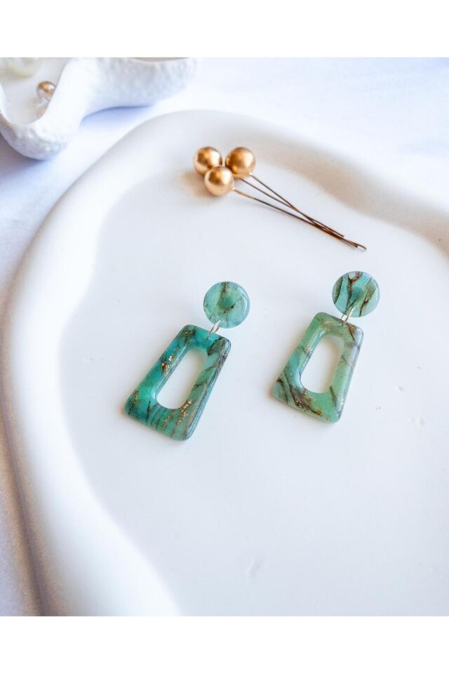 Turkuaz Geometrik Küpe – Reçineli Mermer Doku – Polimer Kil – Çelik Antialerjik