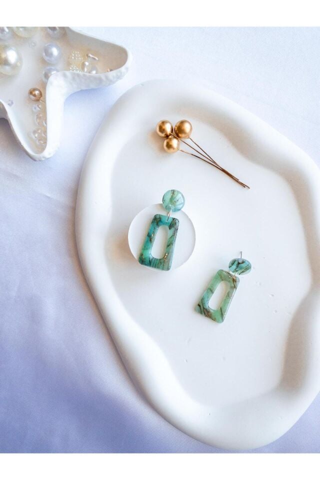 Turkuaz Geometrik Küpe – Reçineli Mermer Doku – Polimer Kil – Çelik Antialerjik