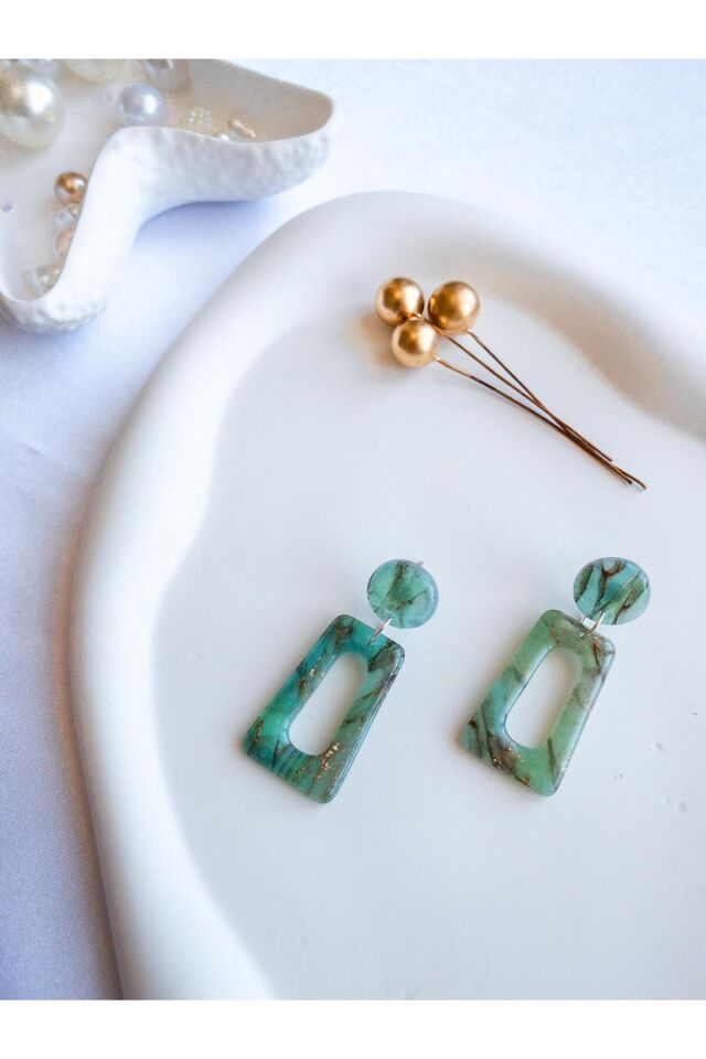 Turkuaz Geometrik Küpe – Reçineli Mermer Doku – Polimer Kil – Çelik Antialerjik