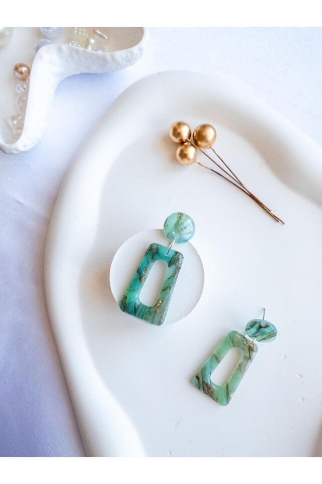 Turkuaz Geometrik Küpe – Reçineli Mermer Doku – Polimer Kil – Çelik Antialerjik