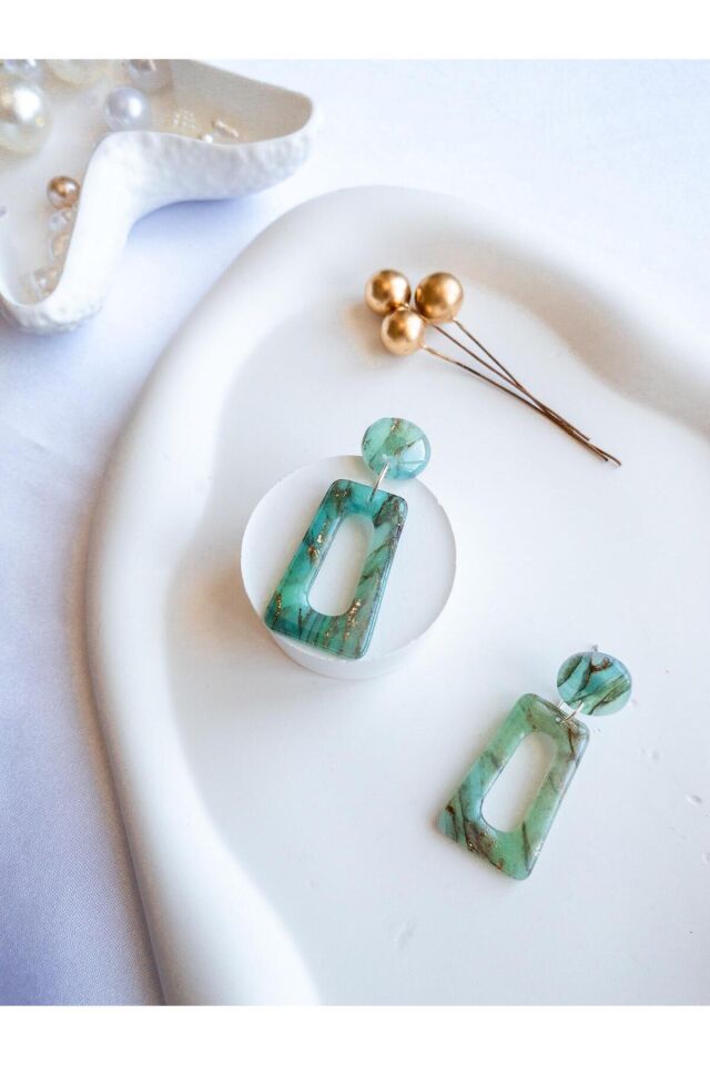 Turkuaz Geometrik Küpe – Reçineli Mermer Doku – Polimer Kil – Çelik Antialerjik