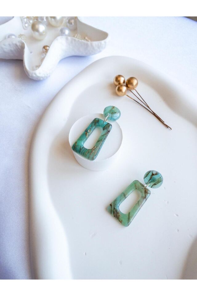 Turkuaz Geometrik Küpe – Reçineli Mermer Doku – Polimer Kil – Çelik Antialerjik