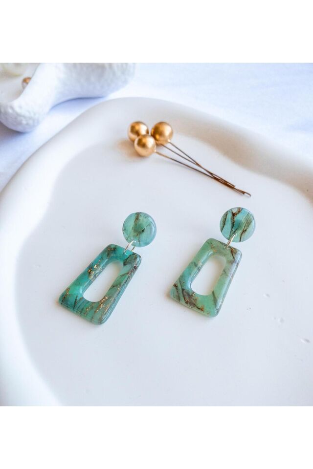 Turkuaz Geometrik Küpe – Reçineli Mermer Doku – Polimer Kil – Çelik Antialerjik