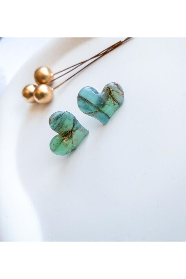 BeuBella Turkuaz Kalp Küpe – Mermer Desenli Reçineli Polimer Kil – Çelik Antialerjik