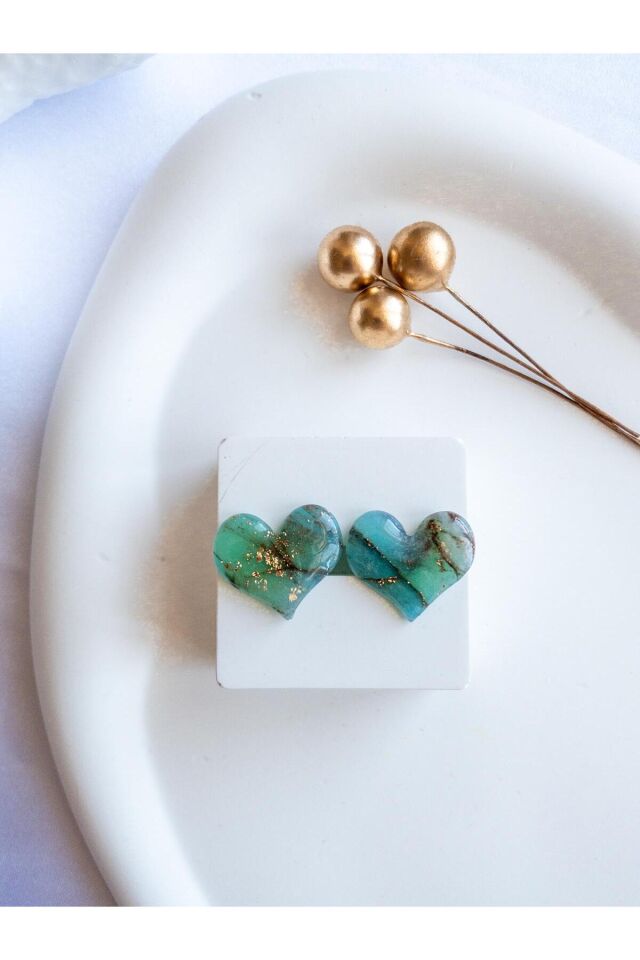 BeuBella Turkuaz Kalp Küpe – Mermer Desenli Reçineli Polimer Kil – Çelik Antialerjik