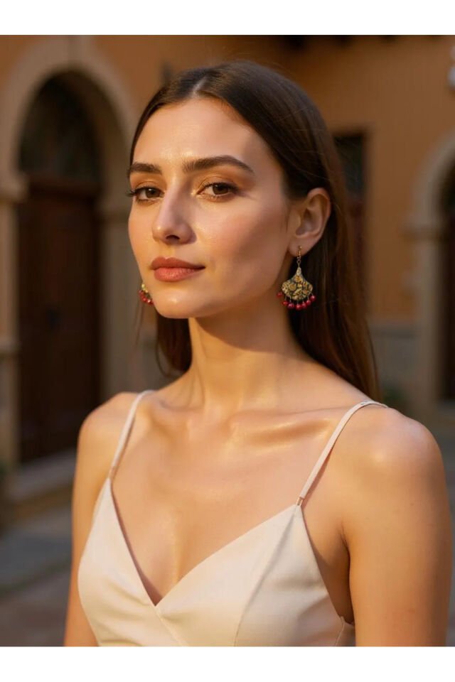 Siyah Gold Desenli Küpe – El Yapımı Polimer Kil – Kırmızı Cam Boncuk Detaylı