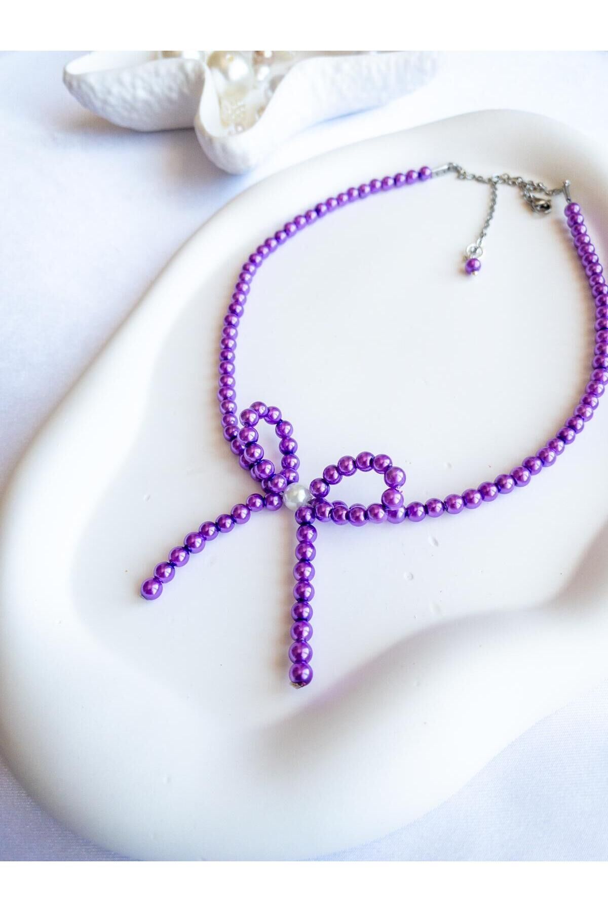 BeuBella Mor İnci Boncuk Kolye – Kurdele Detaylı – Ayarlanabilir Boy – El Yapımı Takı