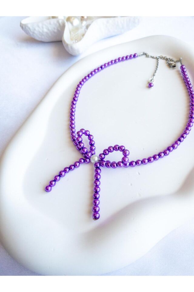 BeuBella Mor İnci Boncuk Kolye – Kurdele Detaylı – Ayarlanabilir Boy – El Yapımı Takı