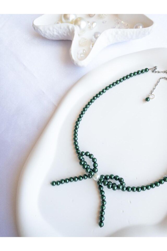 BeuBella Yeşil İnci Boncuk Kolye – Kurdele Detaylı – Ayarlanabilir Boy – El Yapımı Takı