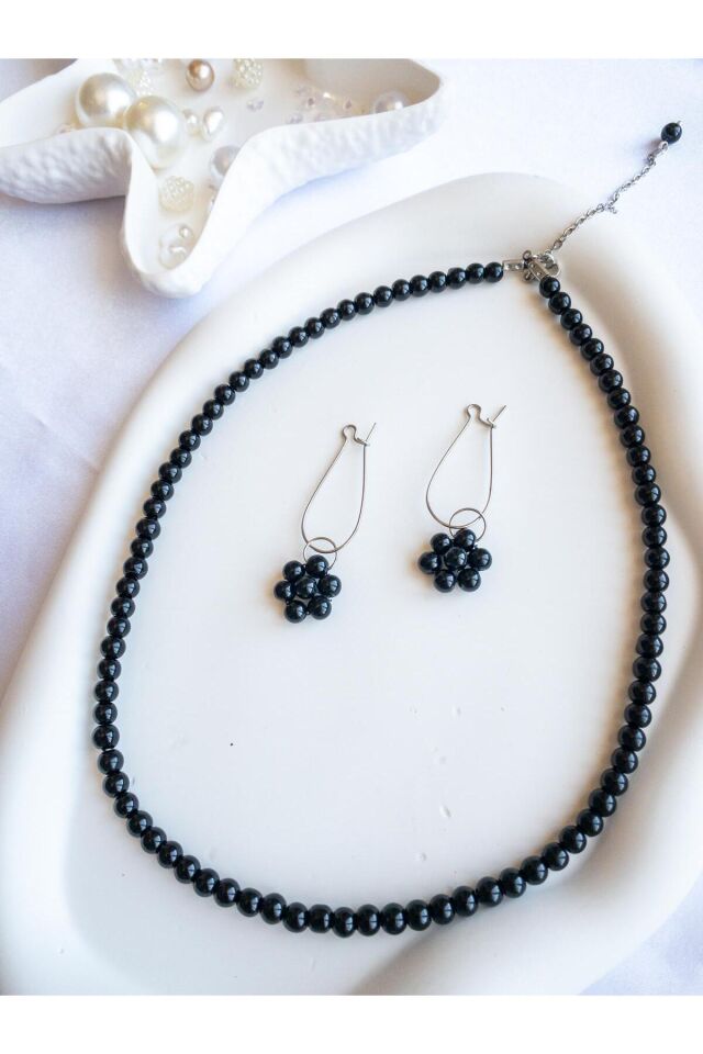 BeuBella Siyah Cam Boncuk Takı Seti – Çelik Kolye ve Küpe – Ayarlanabilir – El Yapımı