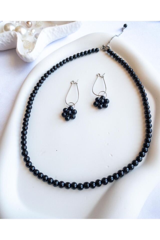 BeuBella Siyah Cam Boncuk Takı Seti – Çelik Kolye ve Küpe – Ayarlanabilir – El Yapımı