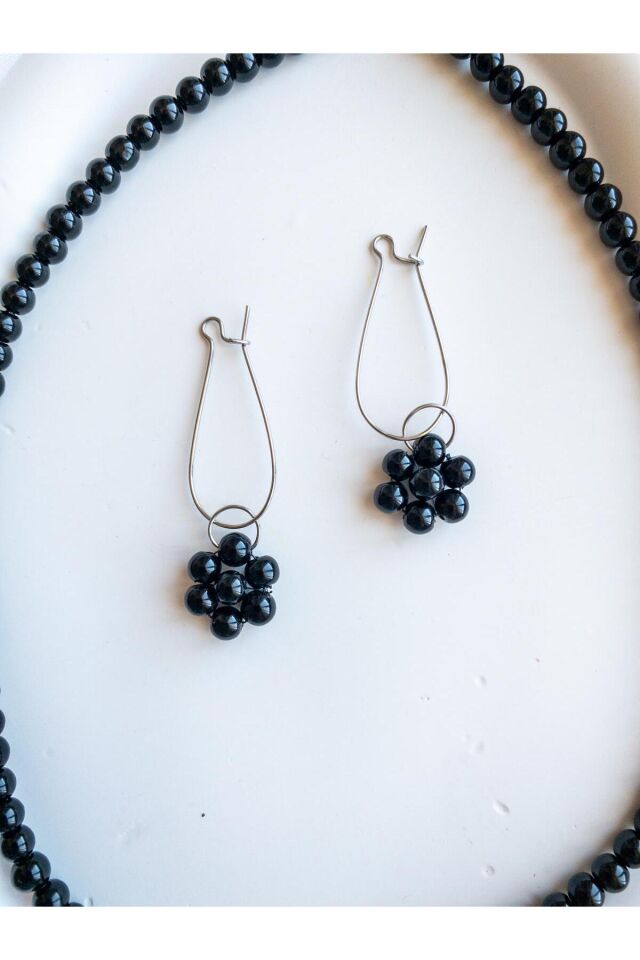 BeuBella Siyah Cam Boncuk Takı Seti – Çelik Kolye ve Küpe – Ayarlanabilir – El Yapımı