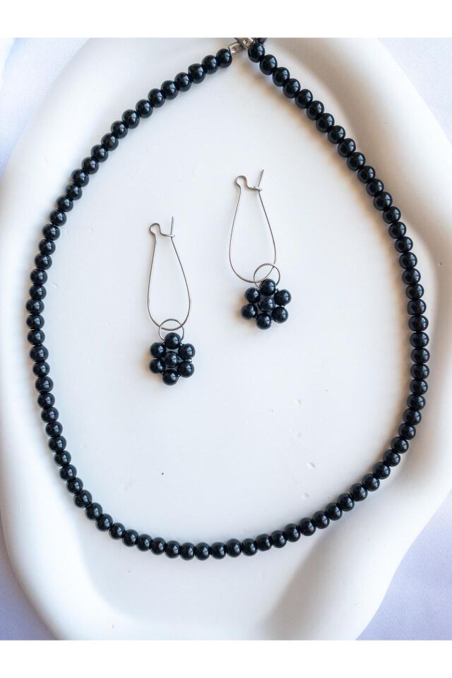 BeuBella Siyah Cam Boncuk Takı Seti – Çelik Kolye ve Küpe – Ayarlanabilir – El Yapımı