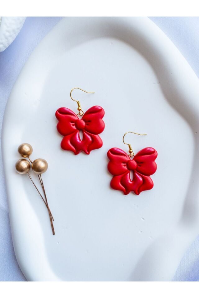 Özel Tasarım Kırmızı Polimer Kil Kurdele Küpe