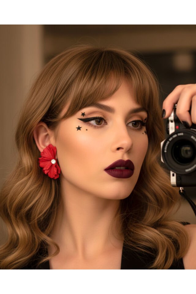 Özel Tasarım Polimer Kil Kırmızı Kır Çiçeği Küpe