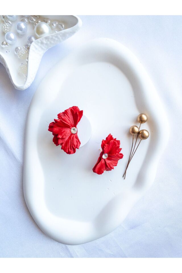 Özel Tasarım Polimer Kil Kırmızı Kır Çiçeği Küpe