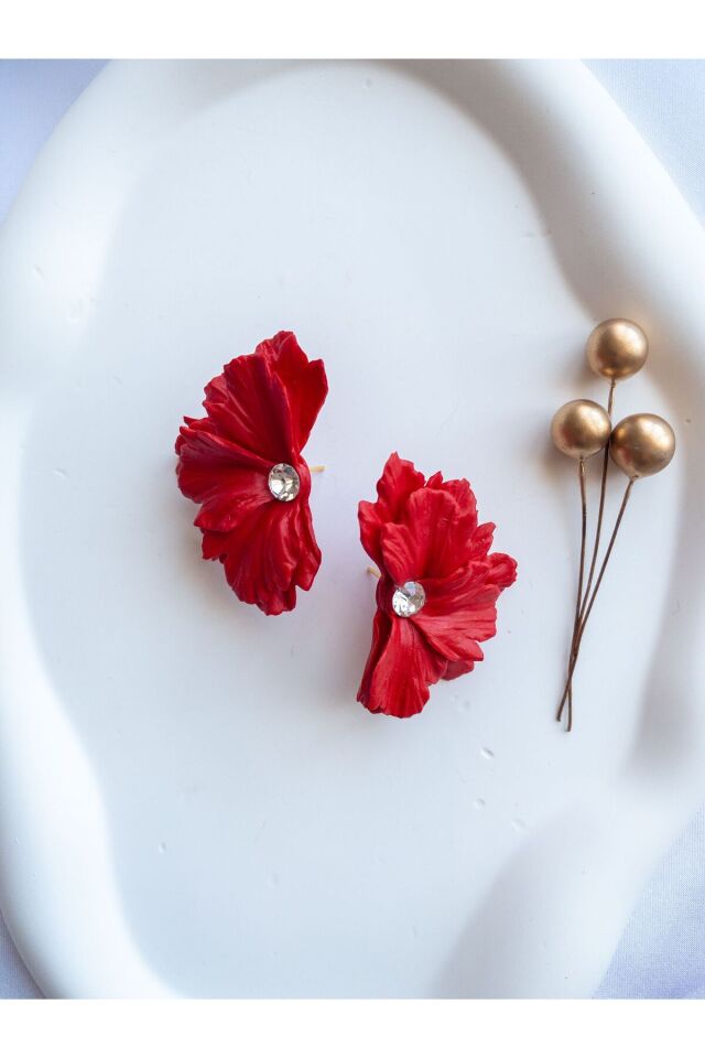 Özel Tasarım Polimer Kil Kırmızı Kır Çiçeği Küpe