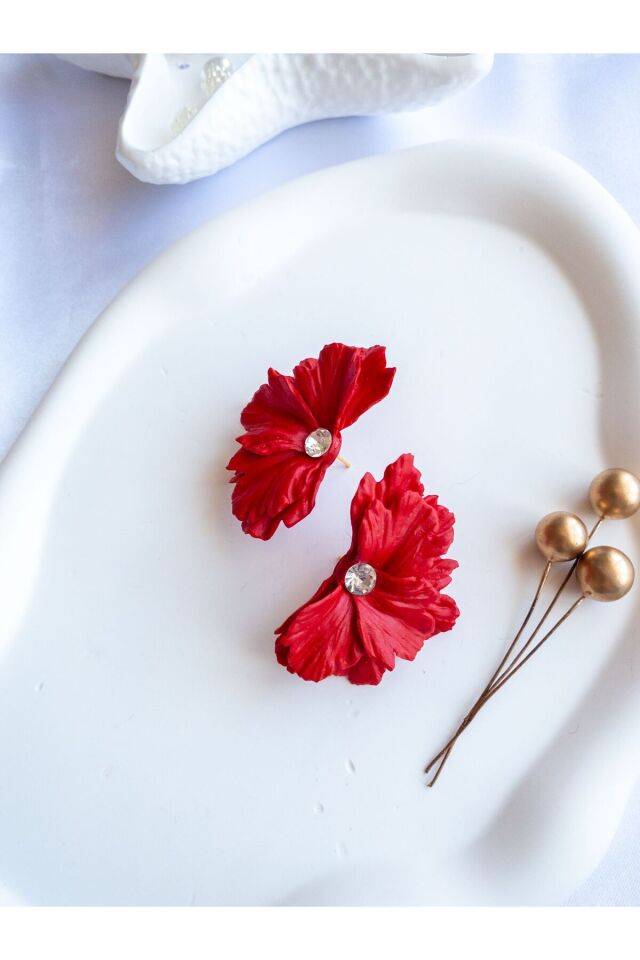 Özel Tasarım Polimer Kil Kırmızı Kır Çiçeği Küpe