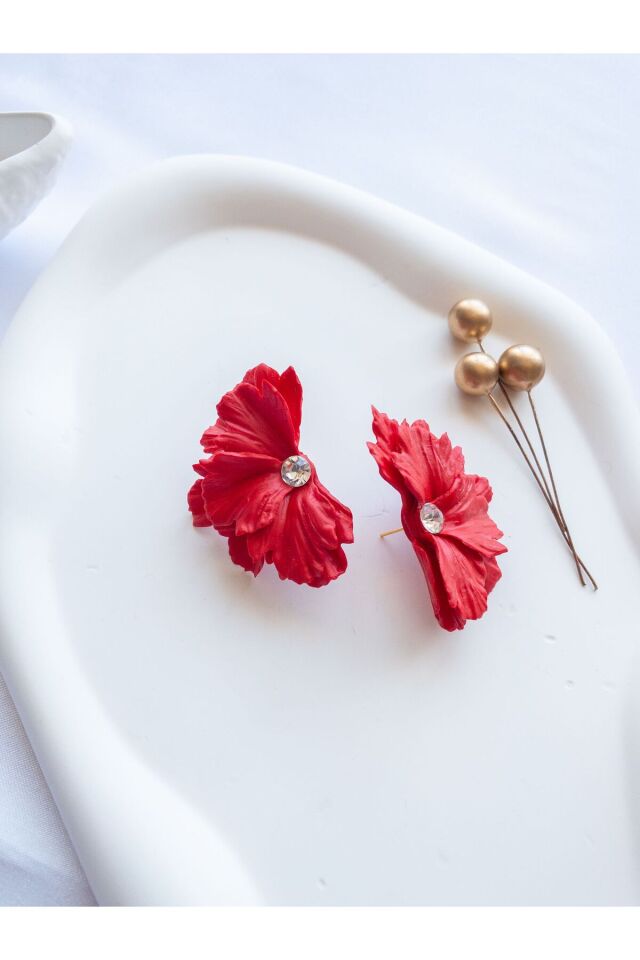 Özel Tasarım Polimer Kil Kırmızı Kır Çiçeği Küpe