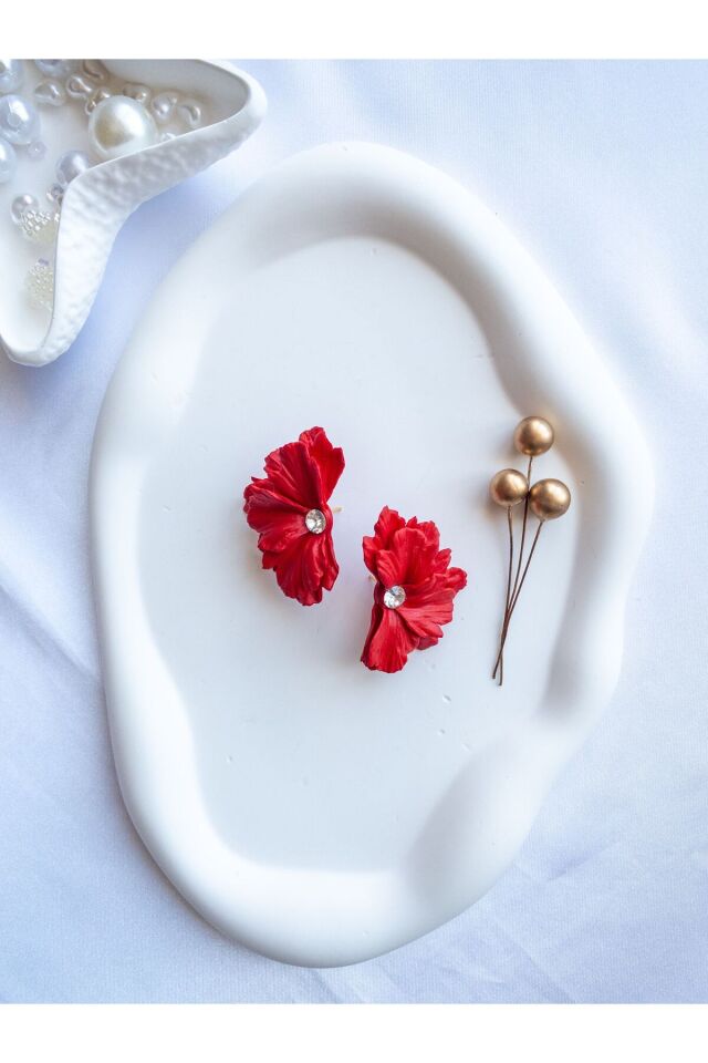 Özel Tasarım Polimer Kil Kırmızı Kır Çiçeği Küpe