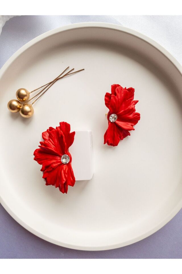 Özel Tasarım Polimer Kil Kırmızı Kır Çiçeği Küpe
