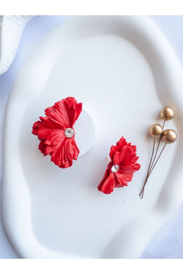 Özel Tasarım Polimer Kil Kırmızı Kır Çiçeği Küpe