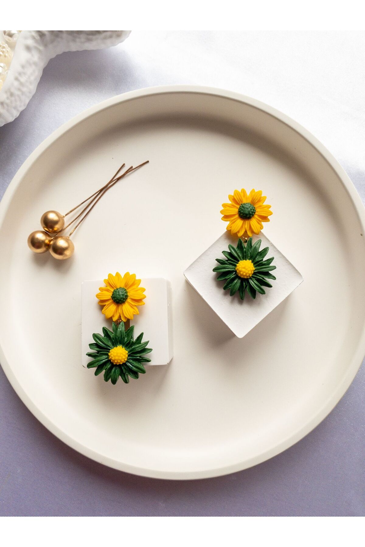 Özel Tasarım Polimer Kil Ayçiçeği Küpe