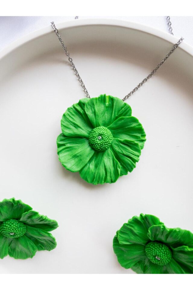 BeuBella El Yapımı Yeşil Çiçek Takı Seti – Zirkon Taşlı – Gümüş & Çelik – Antialerjik Tasarım