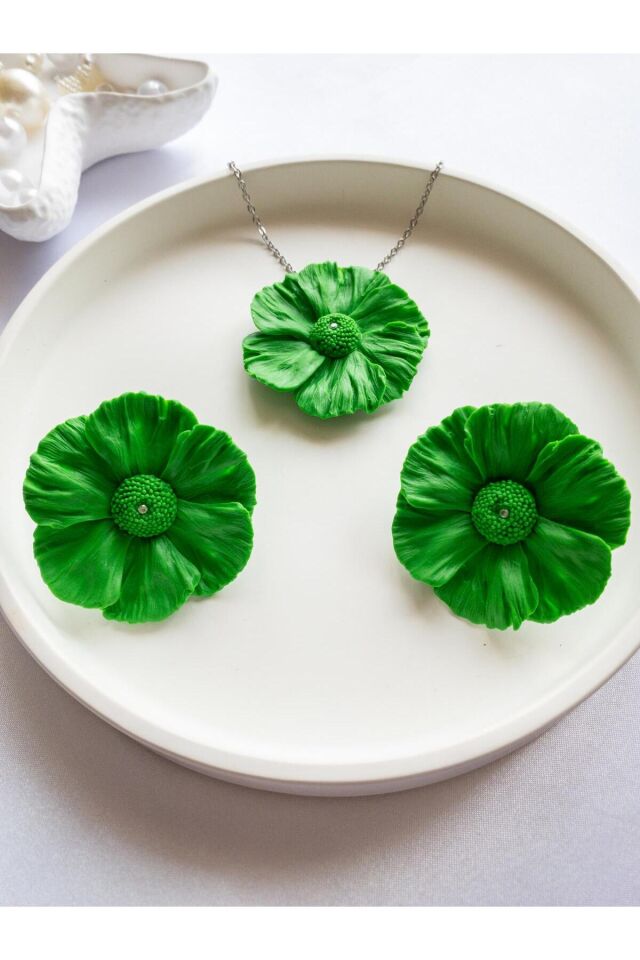 BeuBella El Yapımı Yeşil Çiçek Takı Seti – Zirkon Taşlı – Gümüş & Çelik – Antialerjik Tasarım
