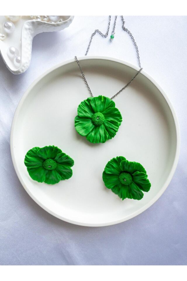 BeuBella El Yapımı Yeşil Çiçek Takı Seti – Zirkon Taşlı – Gümüş & Çelik – Antialerjik Tasarım