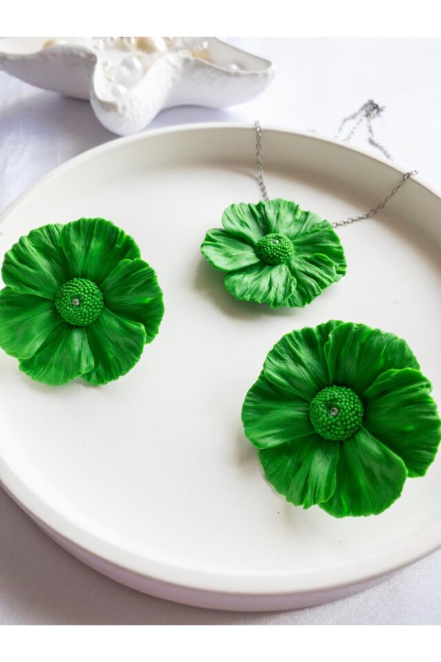 BeuBella El Yapımı Yeşil Çiçek Takı Seti – Zirkon Taşlı – Gümüş & Çelik – Antialerjik Tasarım
