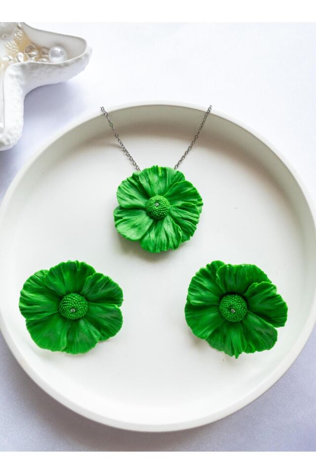 BeuBella El Yapımı Yeşil Çiçek Takı Seti – Zirkon Taşlı – Gümüş & Çelik – Antialerjik Tasarım
