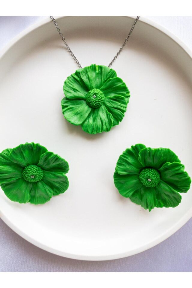 BeuBella El Yapımı Yeşil Çiçek Takı Seti – Zirkon Taşlı – Gümüş & Çelik – Antialerjik Tasarım