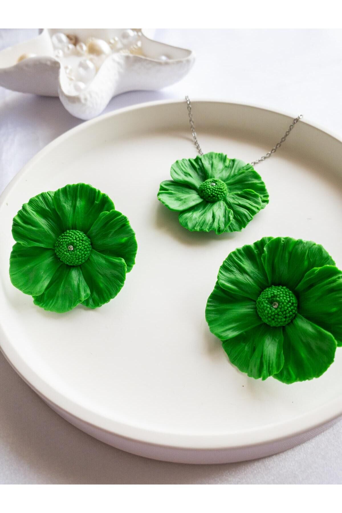 BeuBella El Yapımı Yeşil Çiçek Takı Seti – Zirkon Taşlı – Gümüş & Çelik – Antialerjik Tasarım