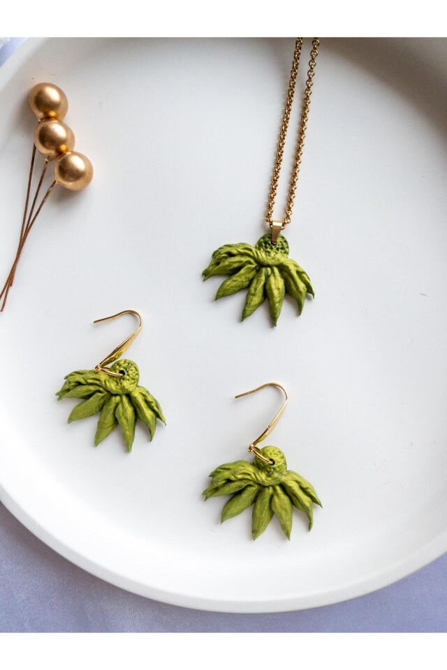 BeuBella El Yapımı Kasımpatı Takı Seti – Yeşil Polimer Kil – Altın Kaplama & Çelik – Antialerjik