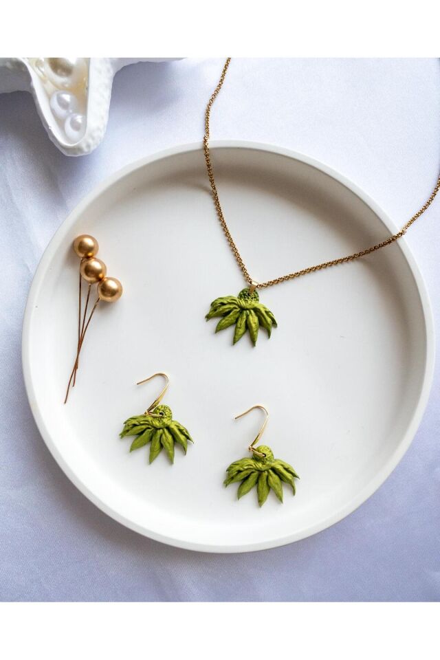 BeuBella El Yapımı Kasımpatı Takı Seti – Yeşil Polimer Kil – Altın Kaplama & Çelik – Antialerjik