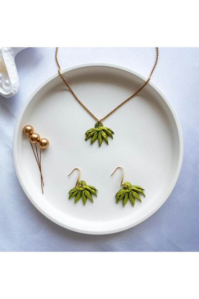 BeuBella El Yapımı Kasımpatı Takı Seti – Yeşil Polimer Kil – Altın Kaplama & Çelik – Antialerjik