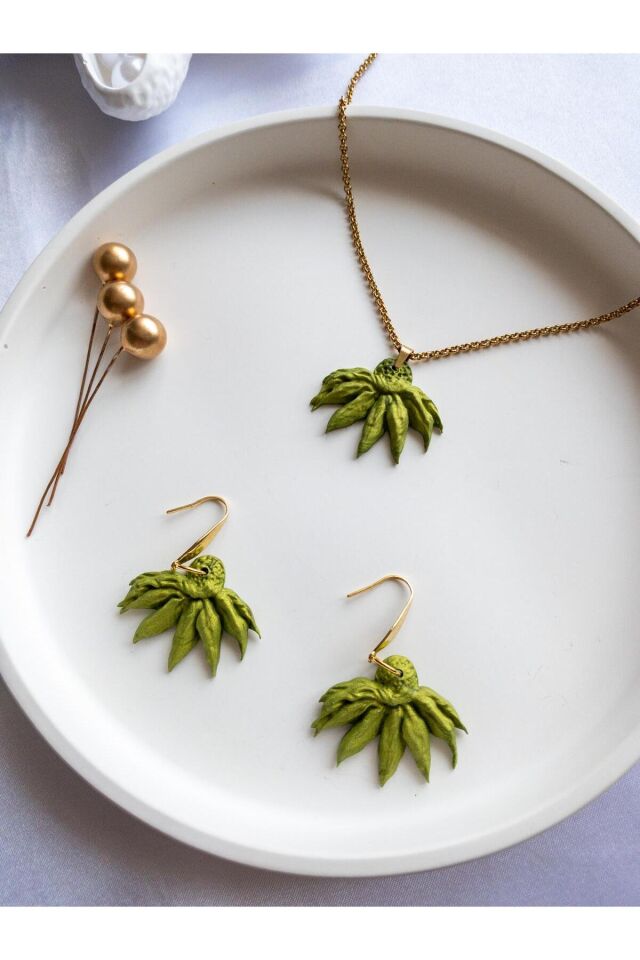 BeuBella El Yapımı Kasımpatı Takı Seti – Yeşil Polimer Kil – Altın Kaplama & Çelik – Antialerjik