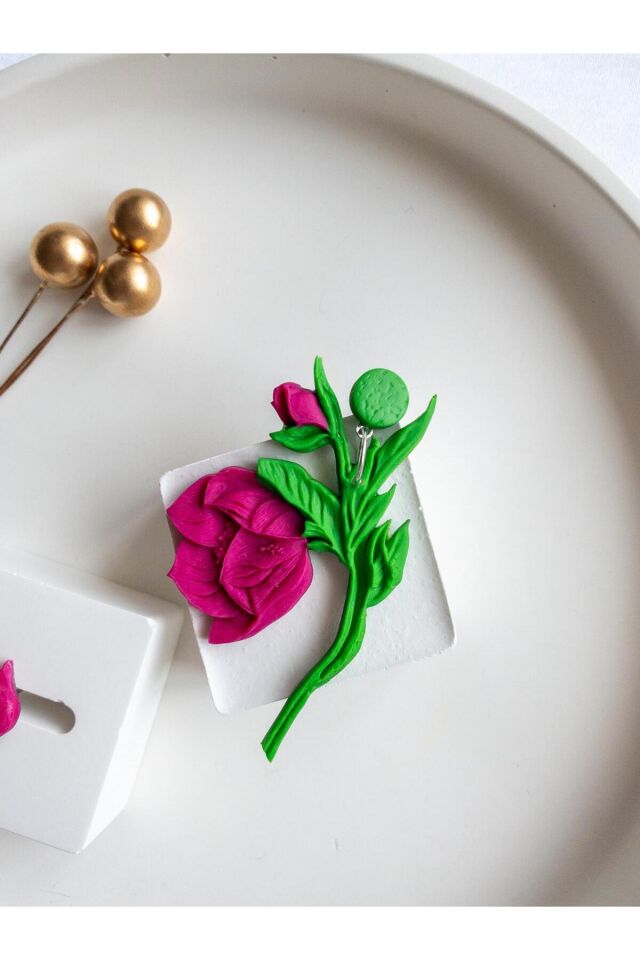 El Yapımı Pembe Lale Küpe Seti – Polimer Kil – Gümüş & Çelik – Antialerjik Tasarım