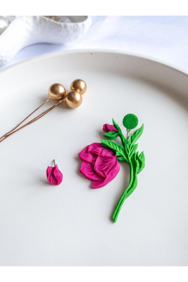 El Yapımı Pembe Lale Küpe Seti – Polimer Kil – Gümüş & Çelik – Antialerjik Tasarım