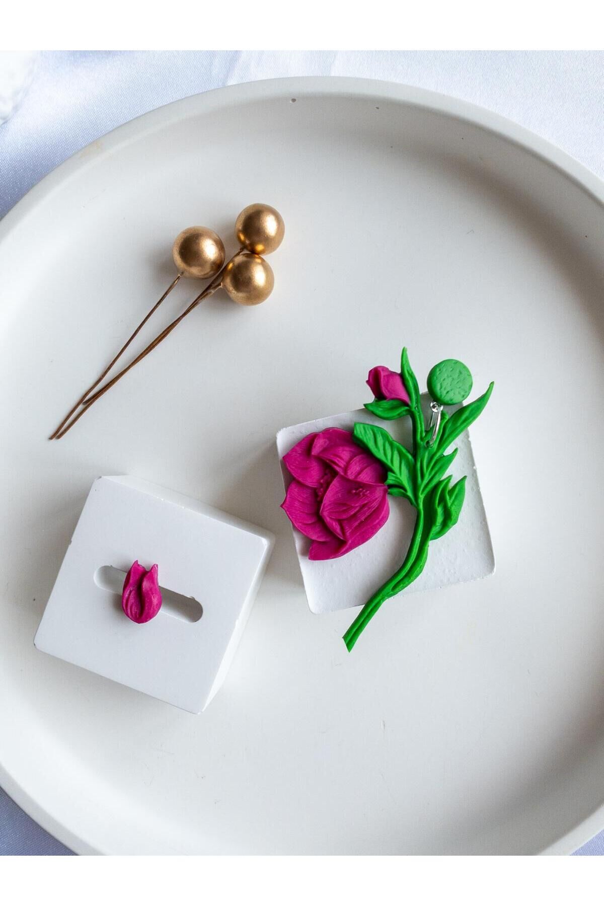 El Yapımı Pembe Lale Küpe Seti – Polimer Kil – Gümüş & Çelik – Antialerjik Tasarım