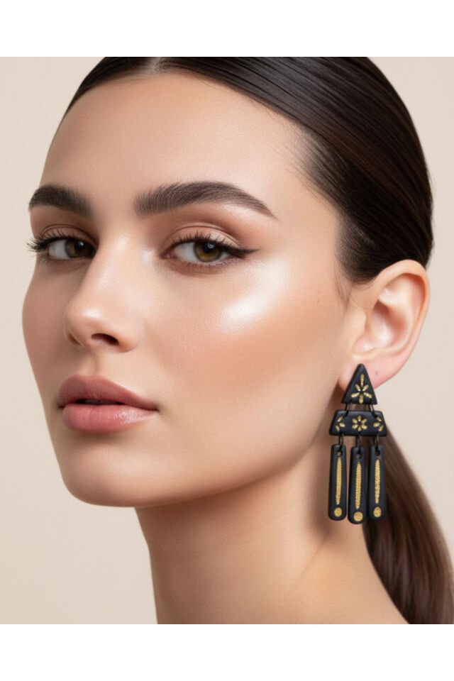 Siyah Gold Art Deco Küpe – El Yapımı Polimer Kil, Çelik Antialerjik Çivi, Hafif ve Zarif Takı