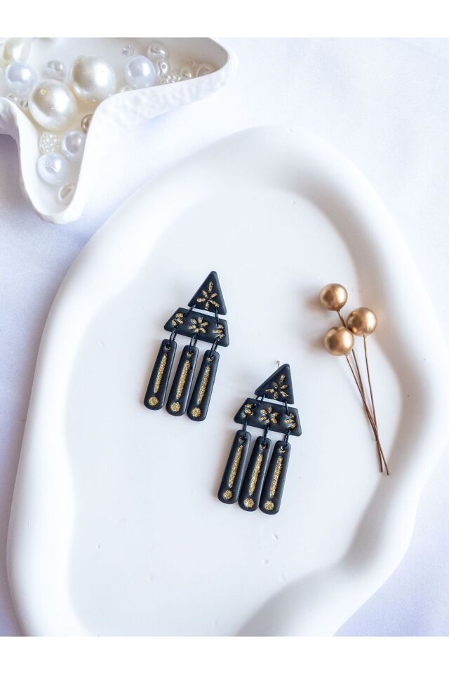 Siyah Gold Art Deco Küpe – El Yapımı Polimer Kil, Çelik Antialerjik Çivi, Hafif ve Zarif Takı