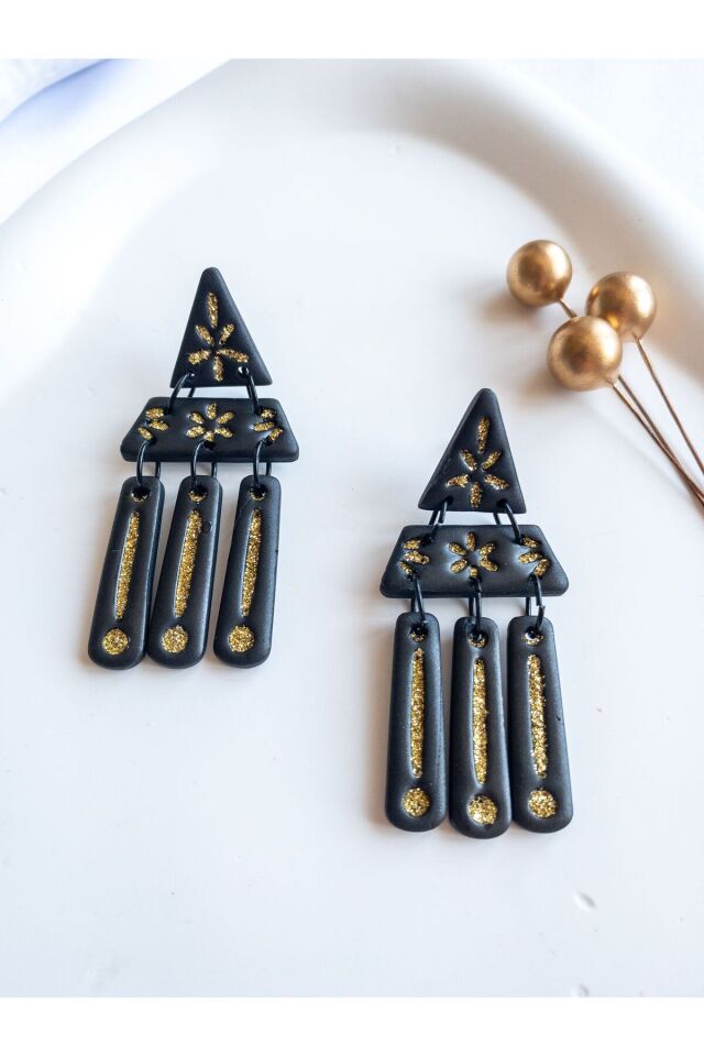 Siyah Gold Art Deco Küpe – El Yapımı Polimer Kil, Çelik Antialerjik Çivi, Hafif ve Zarif Takı