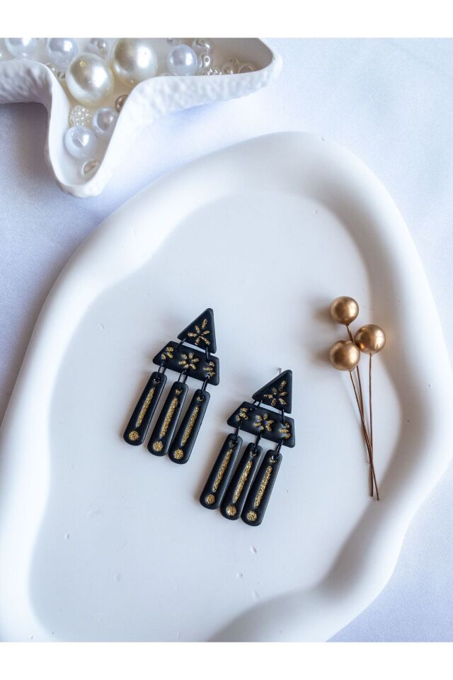 Siyah Gold Art Deco Küpe – El Yapımı Polimer Kil, Çelik Antialerjik Çivi, Hafif ve Zarif Takı