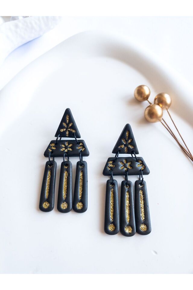 Siyah Gold Art Deco Küpe – El Yapımı Polimer Kil, Çelik Antialerjik Çivi, Hafif ve Zarif Takı