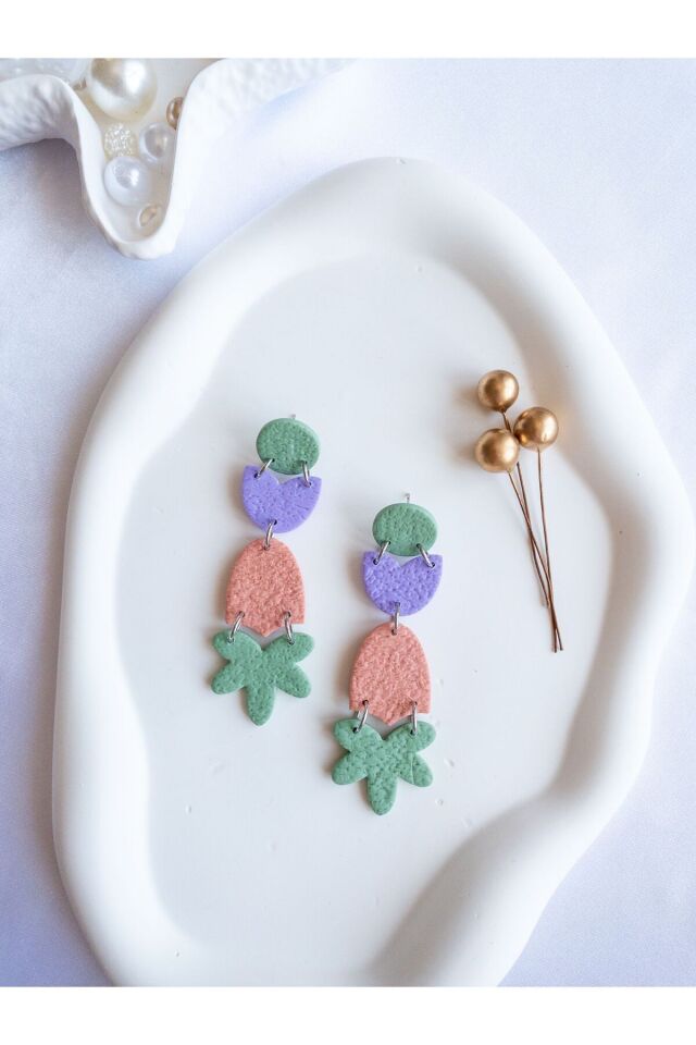 Pastel Geometrik Küpe – El Yapımı Polimer Kil, Çelik Antialerjik Çivi, Hafif ve Zarif Takı