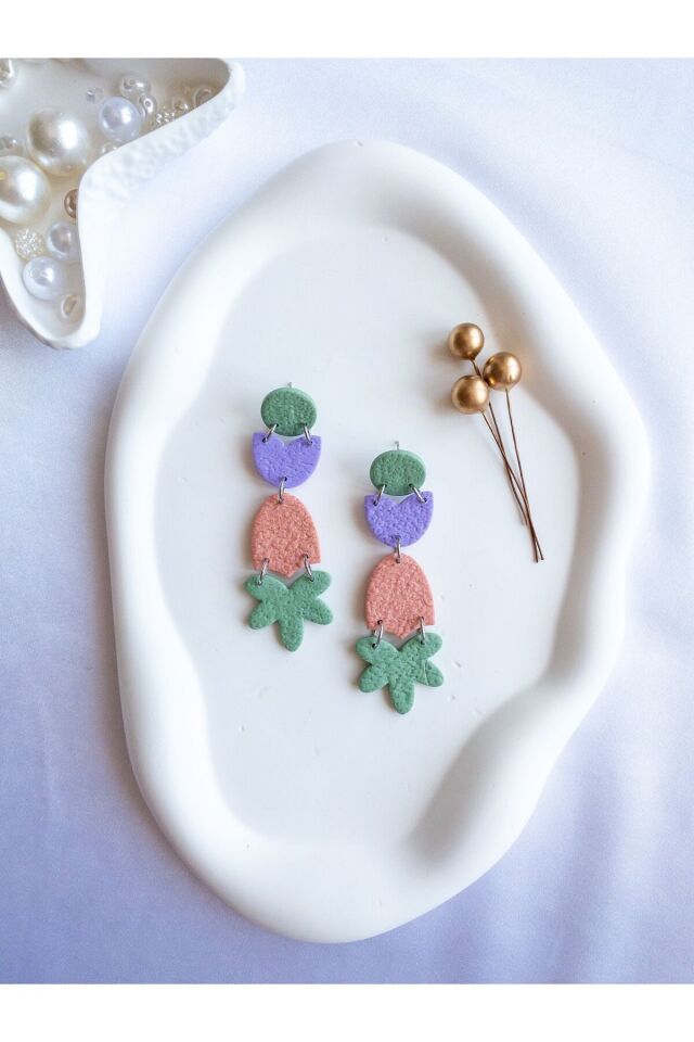 Pastel Geometrik Küpe – El Yapımı Polimer Kil, Çelik Antialerjik Çivi, Hafif ve Zarif Takı