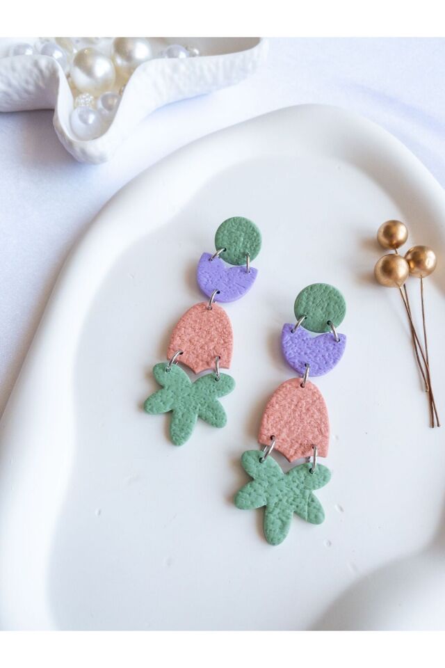 Pastel Geometrik Küpe – El Yapımı Polimer Kil, Çelik Antialerjik Çivi, Hafif ve Zarif Takı